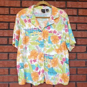 VTG Erika Camp Shirt Womens 1X Button Up Top Tropical Floral Vacation Sailboat